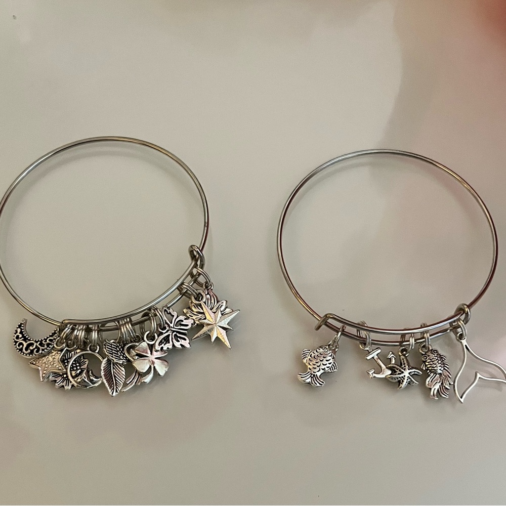 Silver Bangle Bracelet With Charms Stack of Two (2)